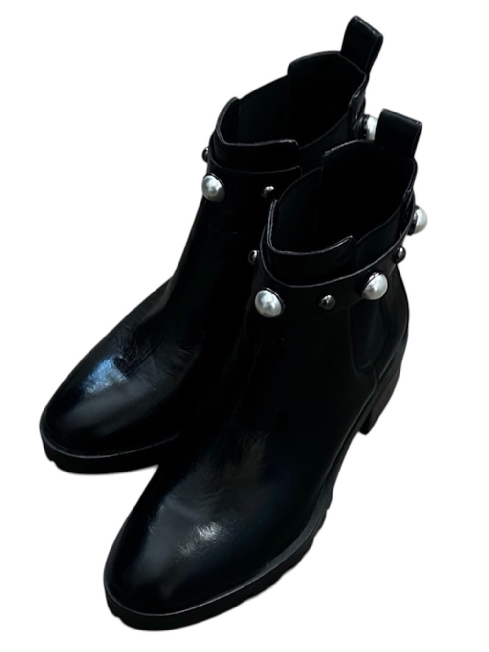 Karl Lagerfeld Paris Black Lug Sole Ankle Pearl Studded Designer Booties 8.5